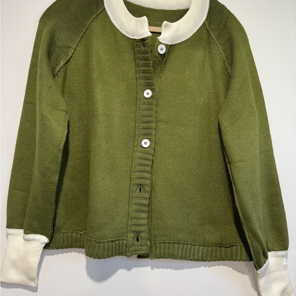 Cropped Green and White Cardigan Sweater